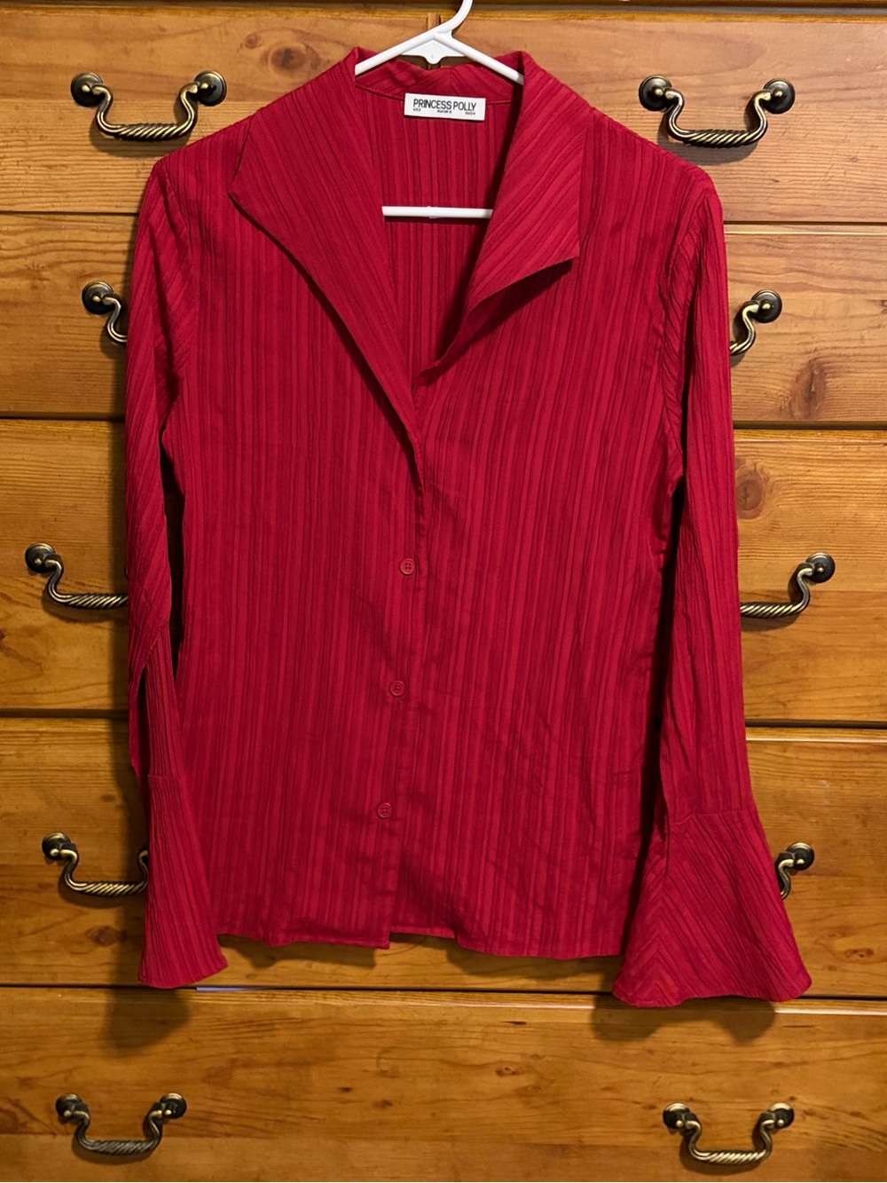 Princess Polly Red Textured Button-Down Blouse with Flared Cuffs